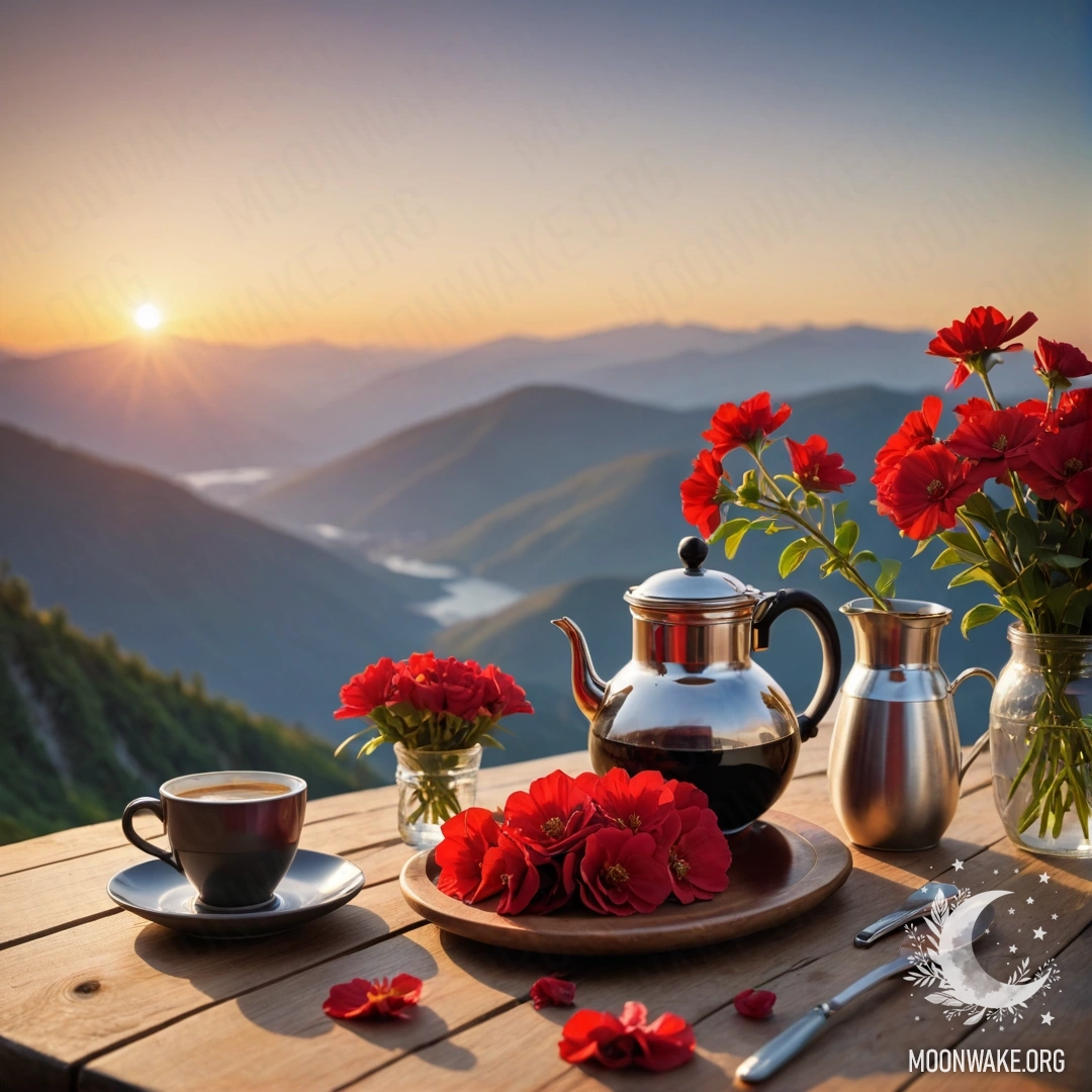 Милый деревянный стол, украшенный банкой с красными цветами и кофейником, на фоне заката в горах.