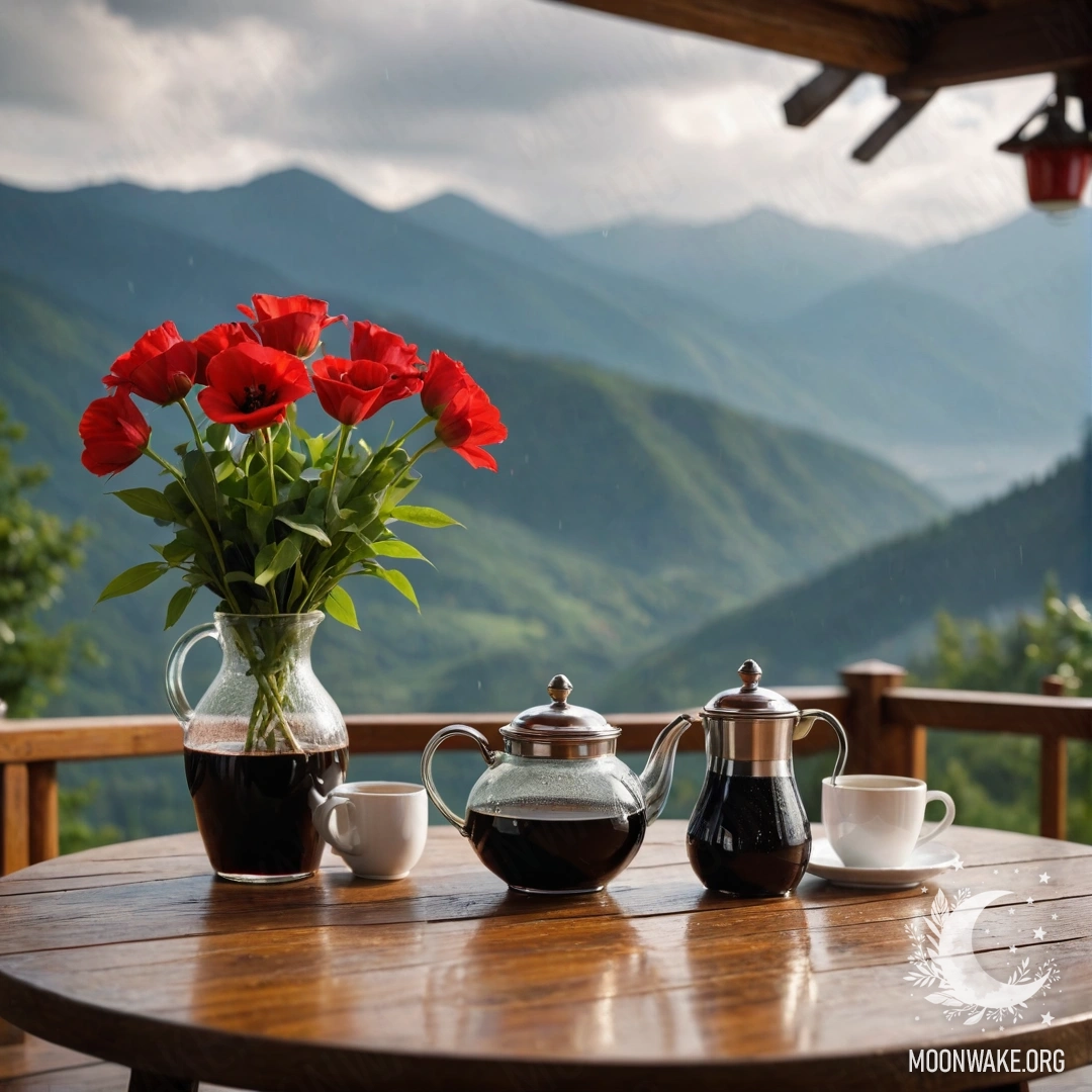 Деревянный стол с банкой красных цветов, кофейником и чашками под дождем на фоне гор.