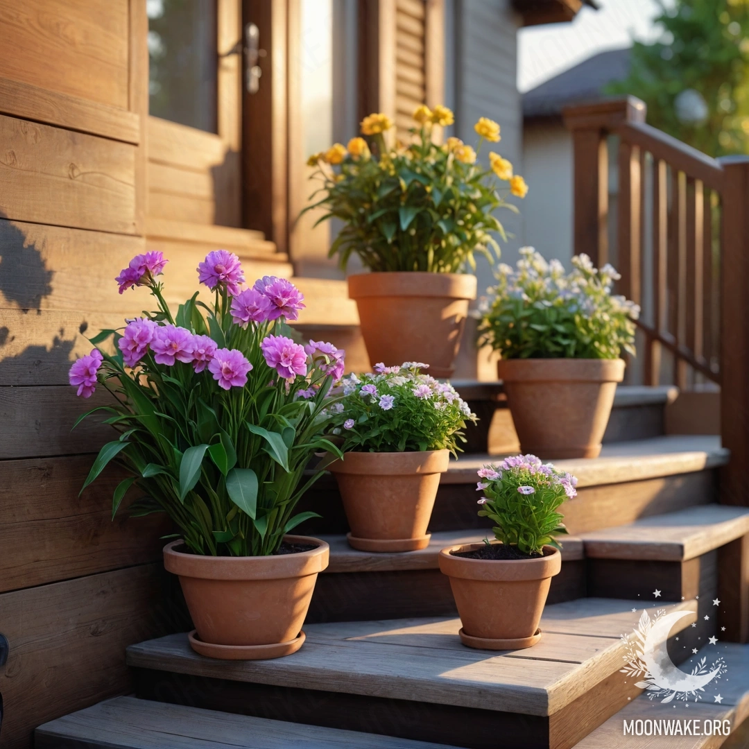 Деревянный стол с банкой красных цветов, кофейником и чашками на фоне гор, освещенный солнечными лучами.