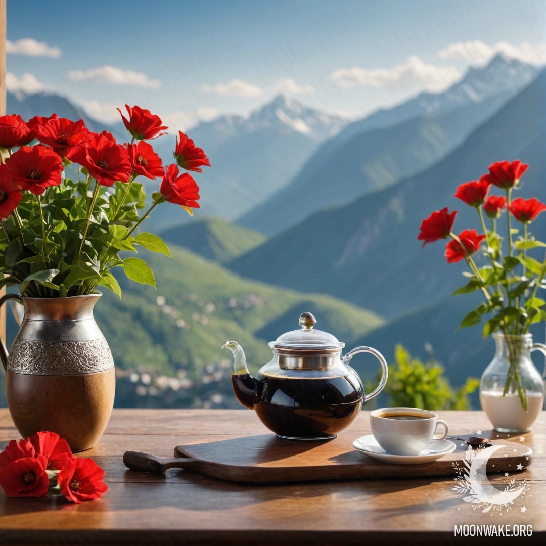 Деревянный стол с банкой красных цветов, кофейником и чашками на фоне гор.