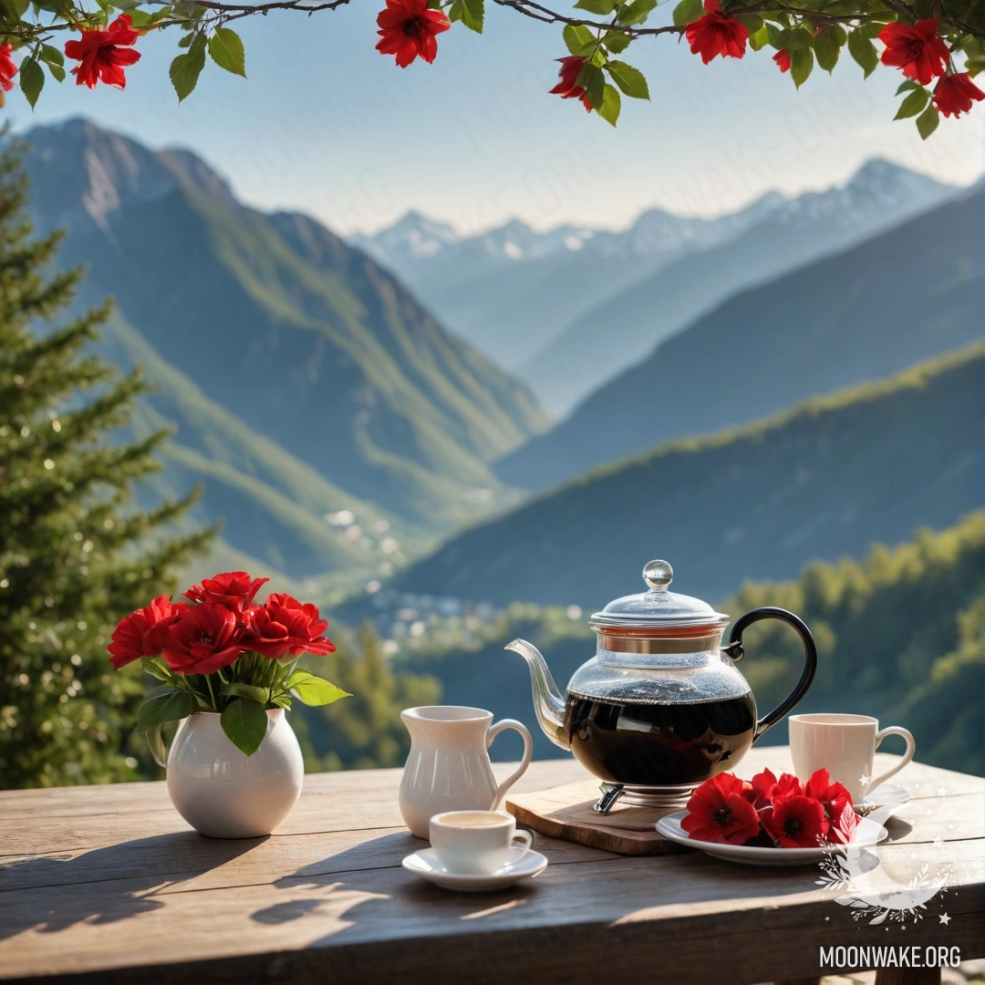 Деревянный стол с банкой красных цветов, кофейником и чашками с гирляндой на фоне гор.
