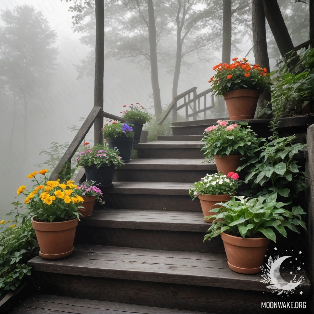 Деревянный стол на фоне туманных гор, украшенный банкой с красными цветами и чайником с чашками.