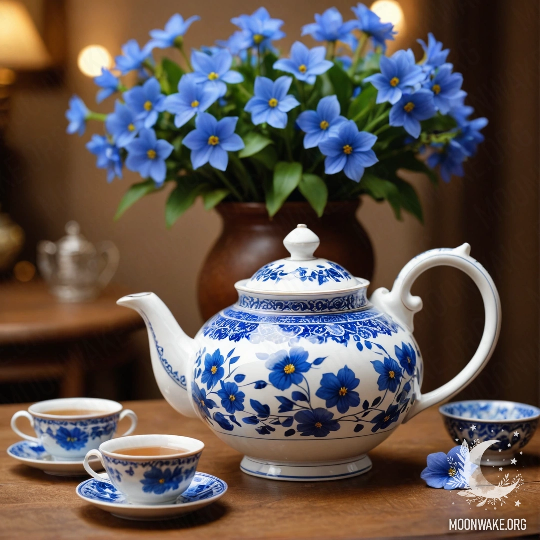 Круглый деревянный стол, украшенный фарфоровым чайником с голубыми цветами и гирляндами света.