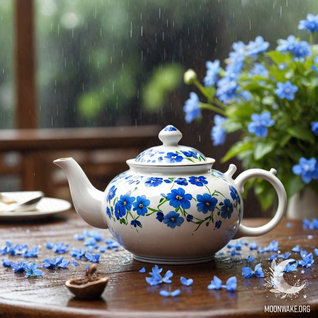 Круглый деревянный стол с фарфоровым чайником, заполненным синими цветами, под дождём.
