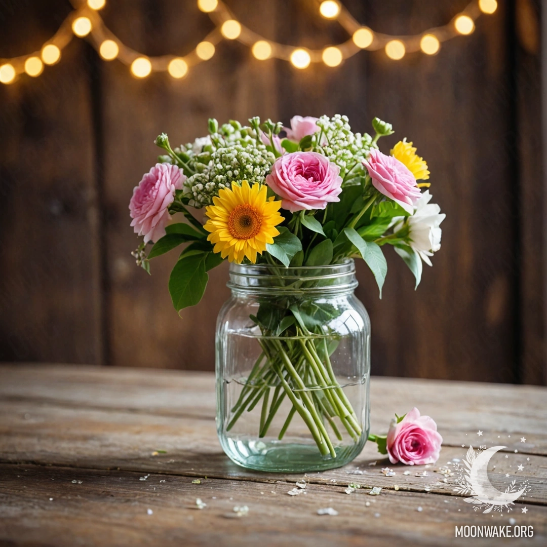 Старый деревянный стол, украшенный банкой с цветами и нежным фоном из огней гирлянды в размытом фокусе.