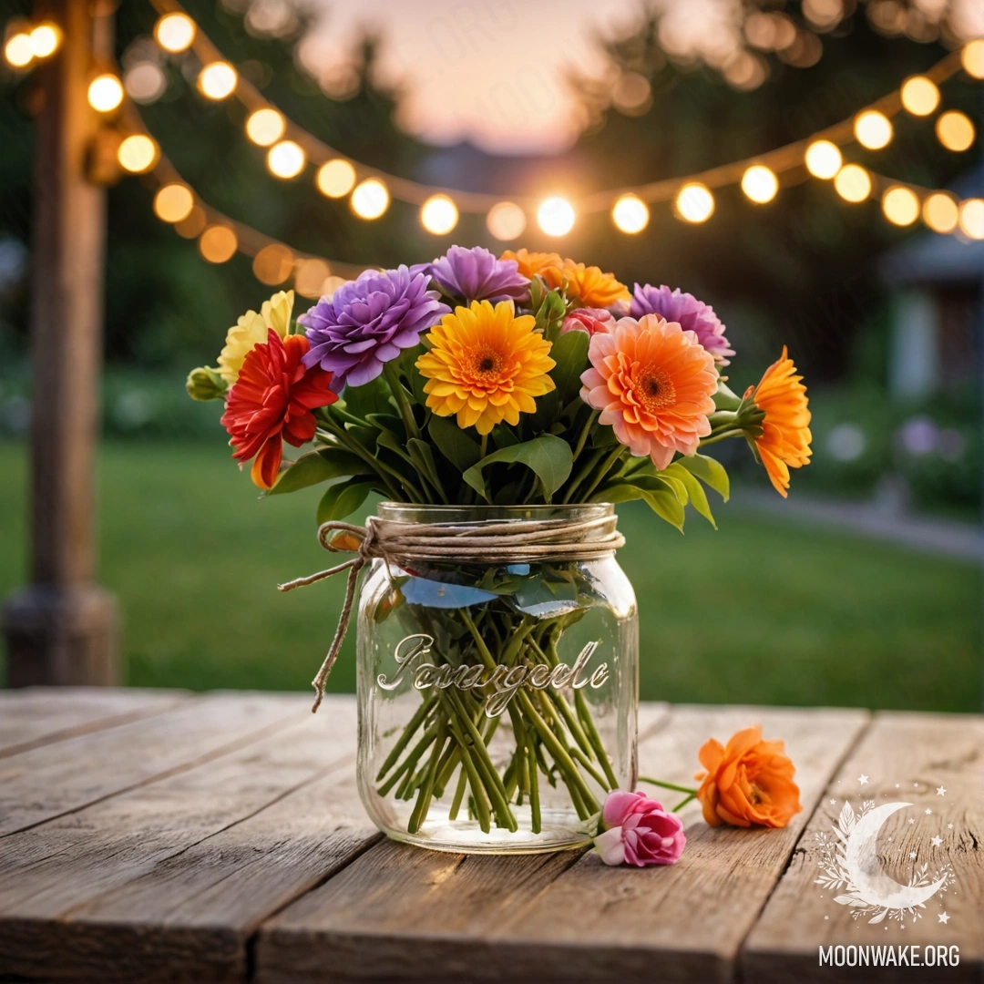 Потрепанный деревянный стол с банкой цветов, мягко освещенный закатным боке.