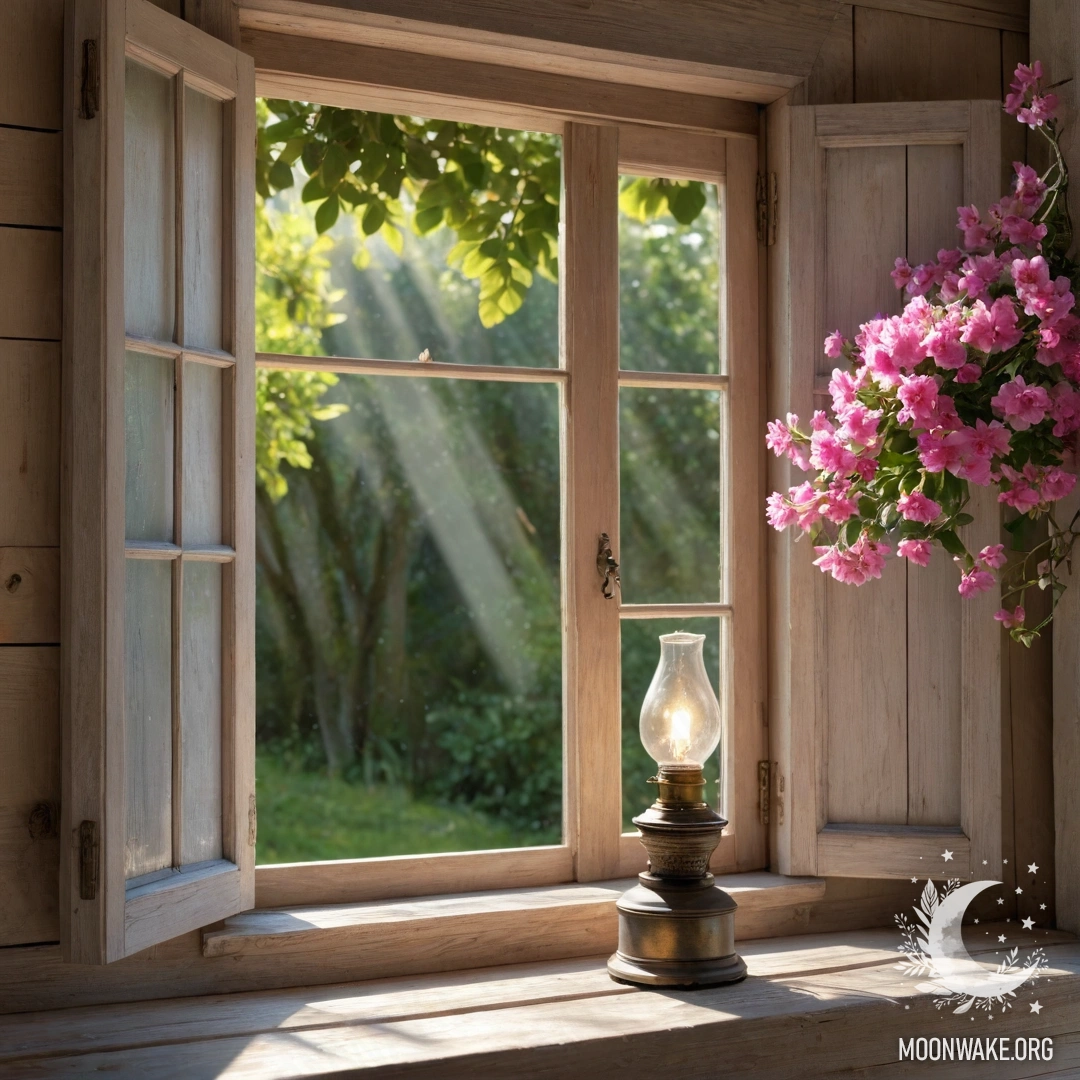 Старинный деревянный стол, на котором стоит банка с цветами, на фоне огоньков гирлянды ночью.