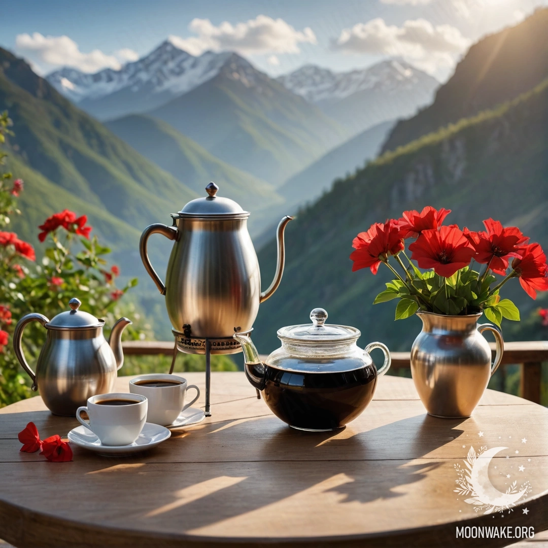 Деревянный стол с банкой красных цветов, кофейником и чашками на фоне гор, освещенных солнечными лучами.