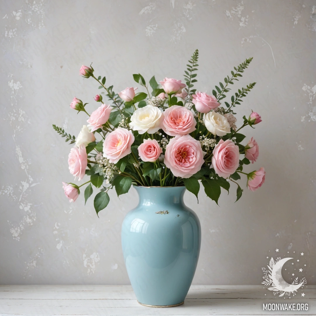 Старый потрепанный деревянный стол с белой вязаной скатертью и бирюзовой вазой с желтыми цветами, освещенный гирляндой огней.