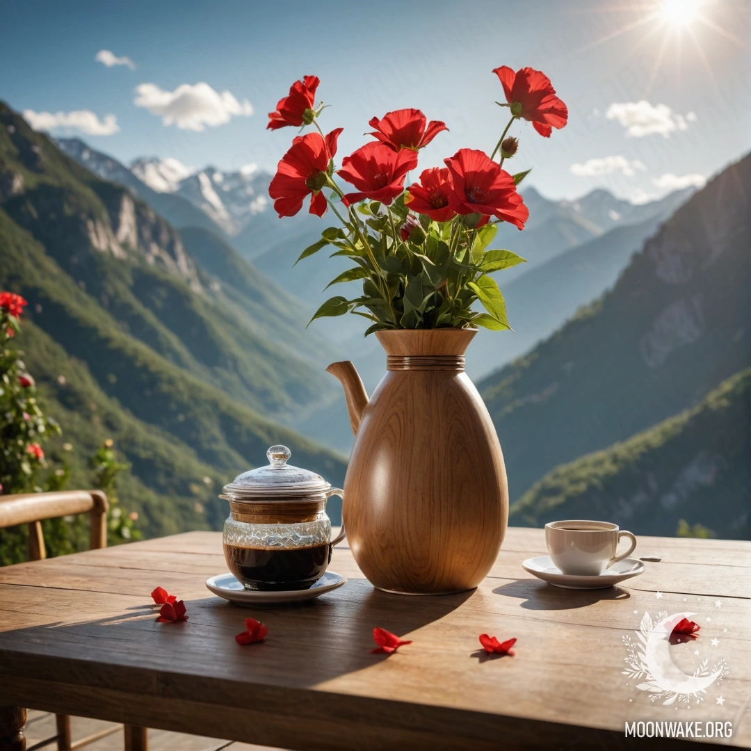 Деревянный стол с банкой красных цветов, кофейником и чашками на фоне гор, залитый солнечными лучами.
