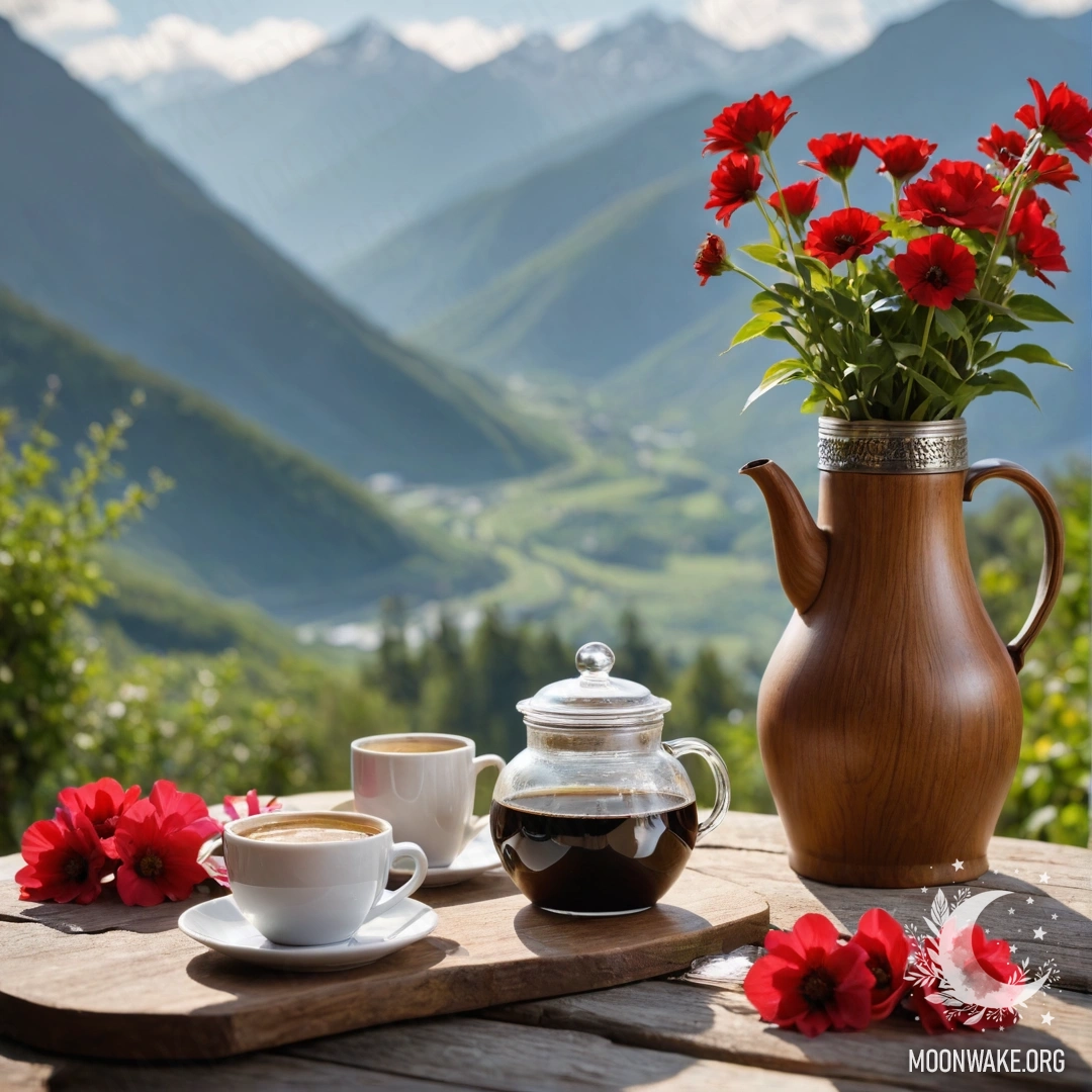 Деревянный стол с банкой красных цветов, кофейником и чашками на фоне величественных гор.