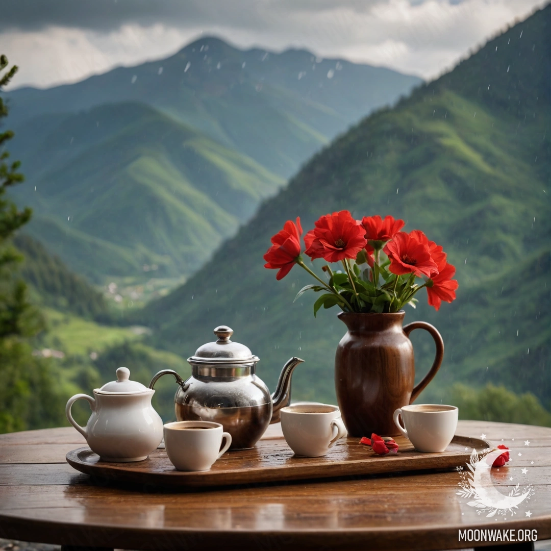 Деревянный стол с красными цветами, кофе и чашками под дождем на фоне гор.