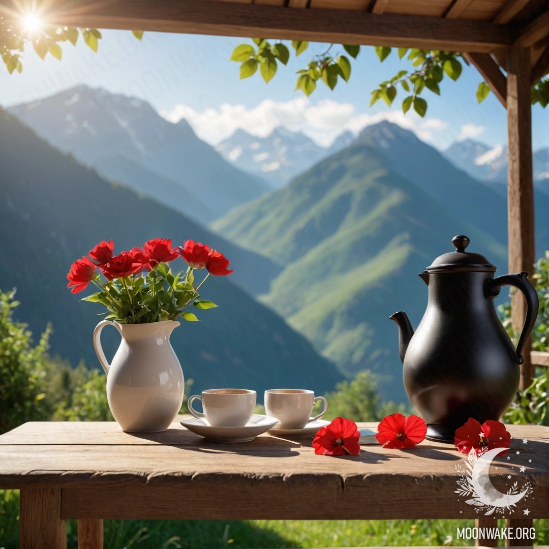 Деревянный стол с банкой красных цветов, кофейником и чашками на фоне гор, освещённый солнечными лучами.