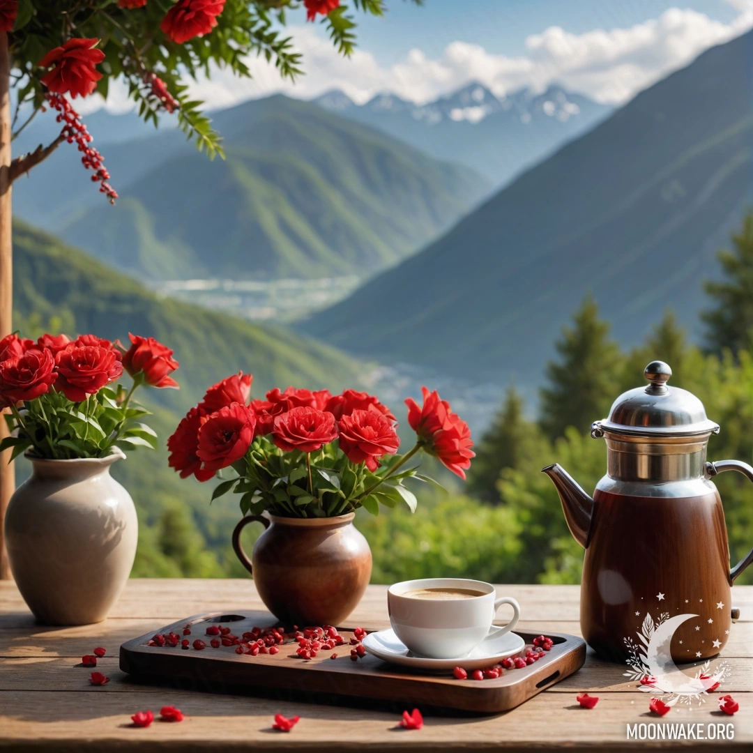 Деревянный стол с банкой красных цветов и кофейным набором на фоне горного пейзажа.