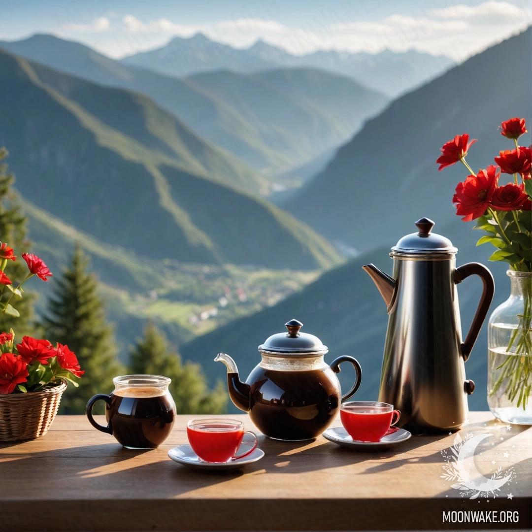 Уютный деревянный стол, украшенный банкой с красными цветами, кофейником и чашками, на фоне величественных гор.