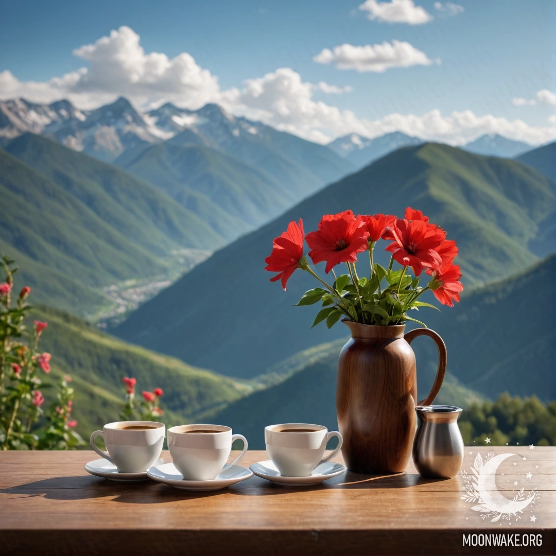 Деревянный стол с банкой красных цветов, кофейником и чашками на фоне гор.