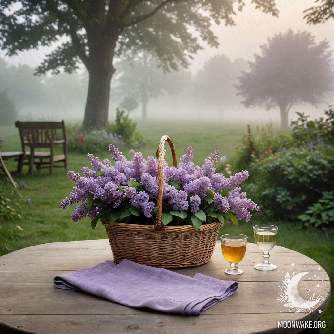 Винтажный деревянный стол с корзиной сирени в саду, окружённом густым туманом.