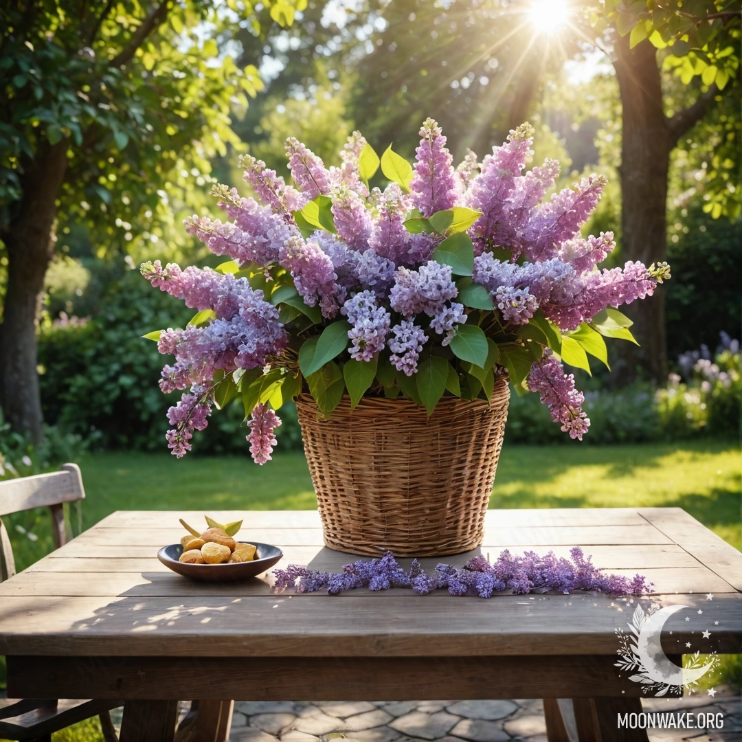 Старинный деревянный стол с корзиной сирени в залитом солнцем саду.