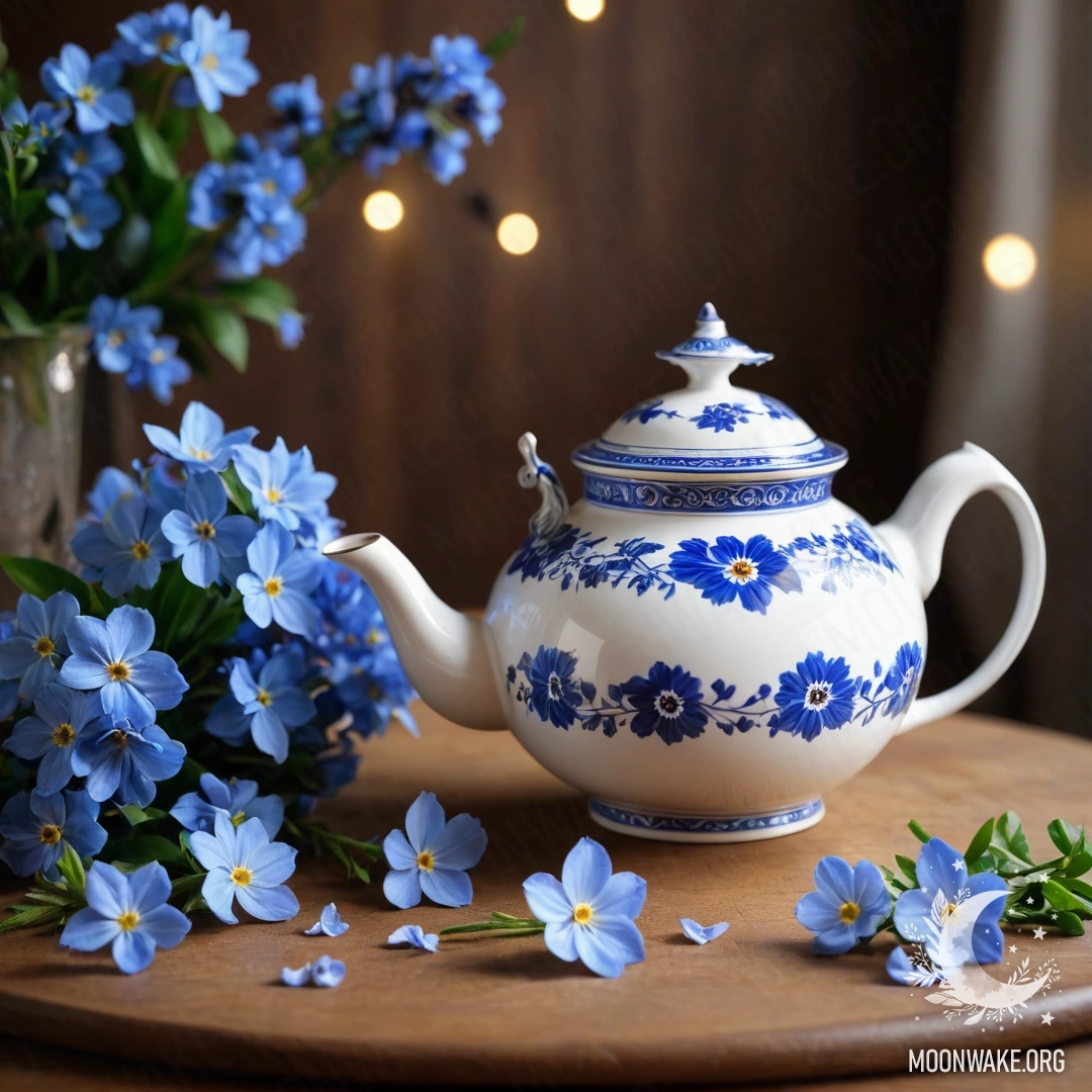 Круглый деревянный стол с фарфоровым чайником, украшенным синими цветами и гирляндой огней.