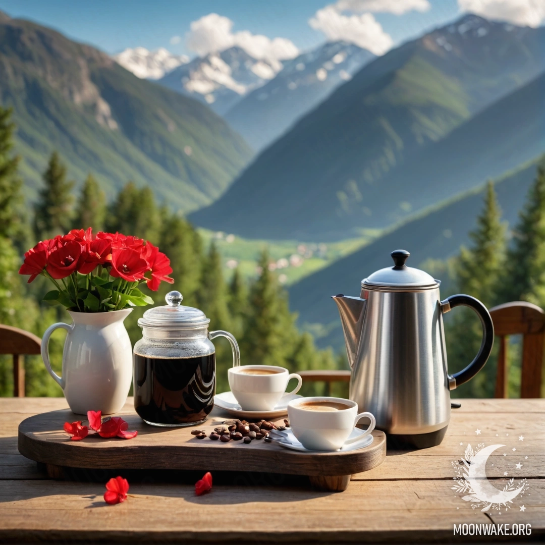 Деревянный стол с банкой красных цветов, кофейником и чашками на фоне гор.