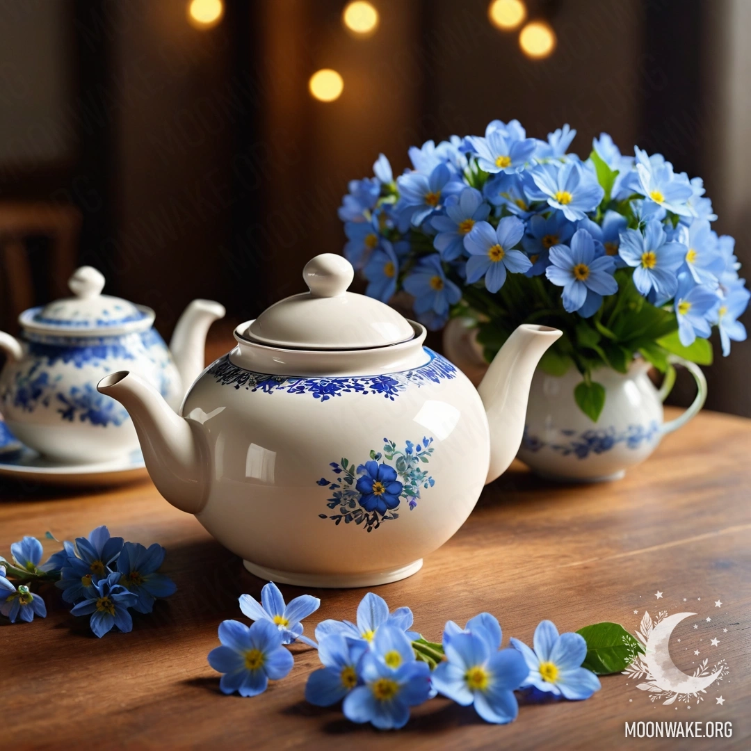 Круглый деревянный стол, на котором стоит фарфоровый чайник с синими цветами и гирляндой огней.