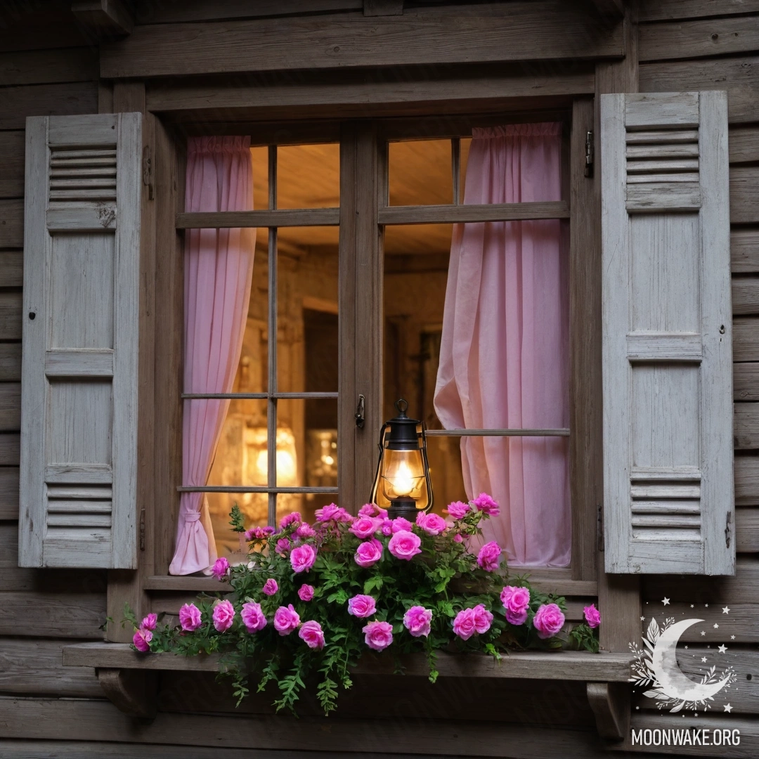 Фотореалистичное изображение небрежного деревянного окна с ставнями, над которым висит керосиновая лампа, а ветка с розовыми цветами обвивает окно в ночи.