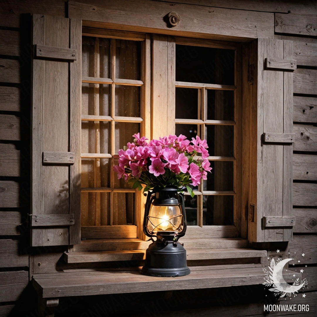 Фотореалистичное изображение старинного деревянного окна с ставнями, керосиновой лампой над ним и веткой с розовыми цветами ночью.