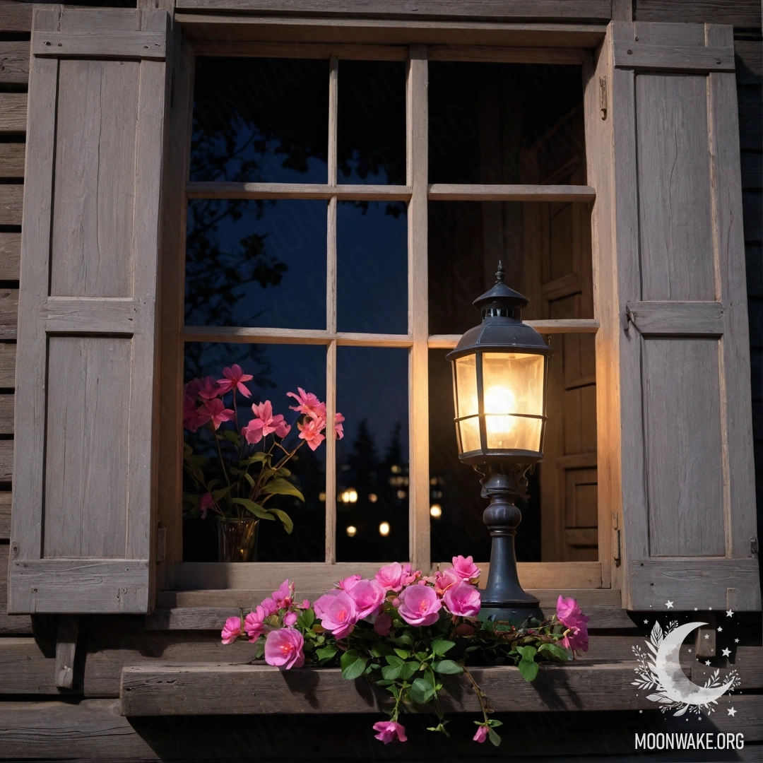 Старое деревянное окно с ставнями, керосиновая лампа над ним и ветка с розовыми цветами ночью.