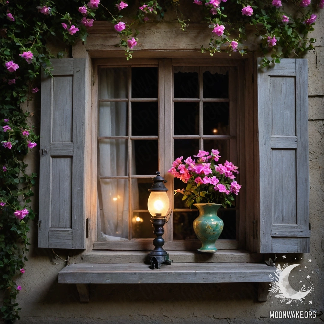 Старое деревянное окно с ставнями и керосиновой лампой, окруженное веткой с розовыми цветами ночью.