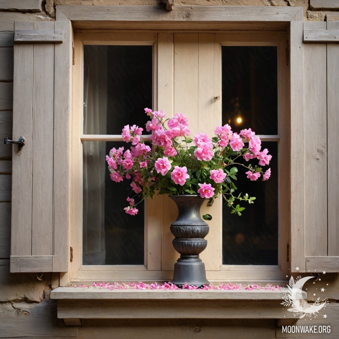 Старое деревянное окно, украшенное розовыми цветами и керосиновой лампой