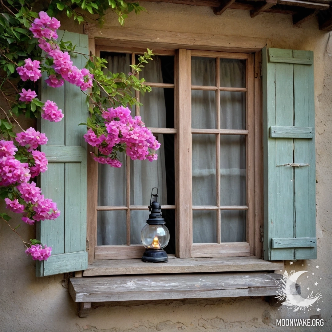 Старинное деревянное окно с ставнями, украшенное керосиновой лампой и розовыми цветами.