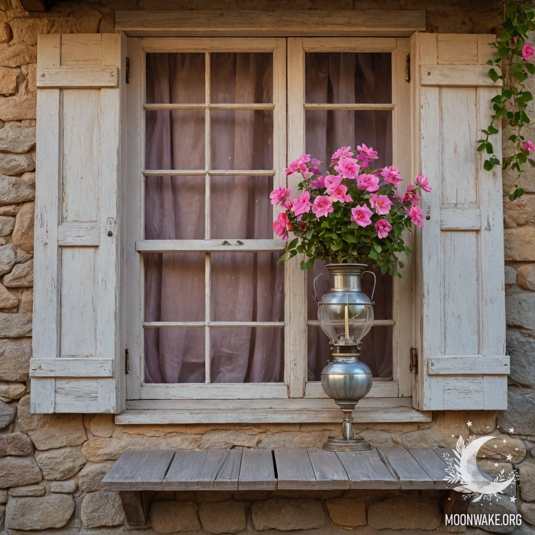 Старое деревянное окно, украшенное розовыми цветами и керосиновой лампой.