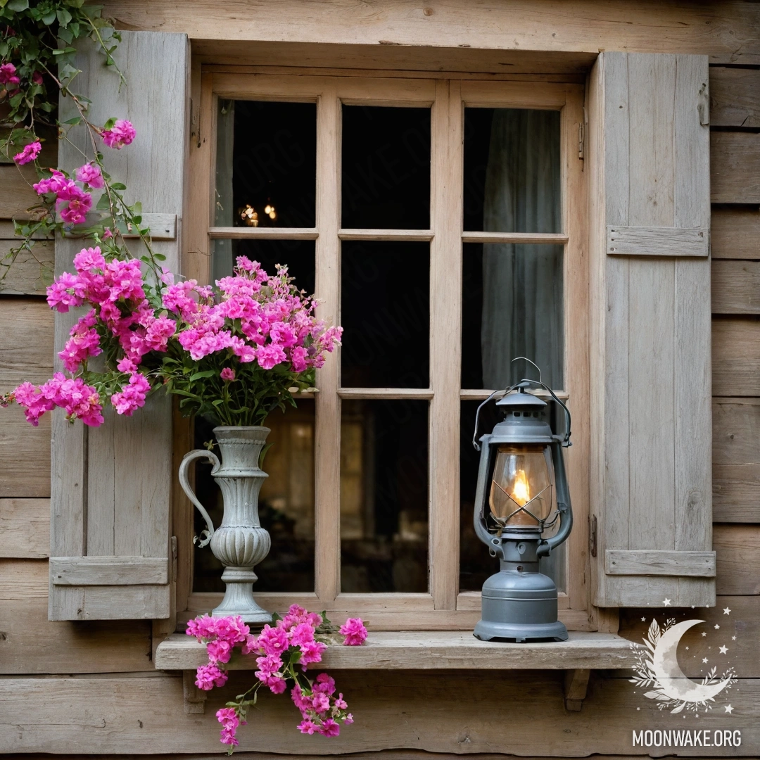 Старое деревянное окно с ставнями, керосиновая лампа и розовые цветы.