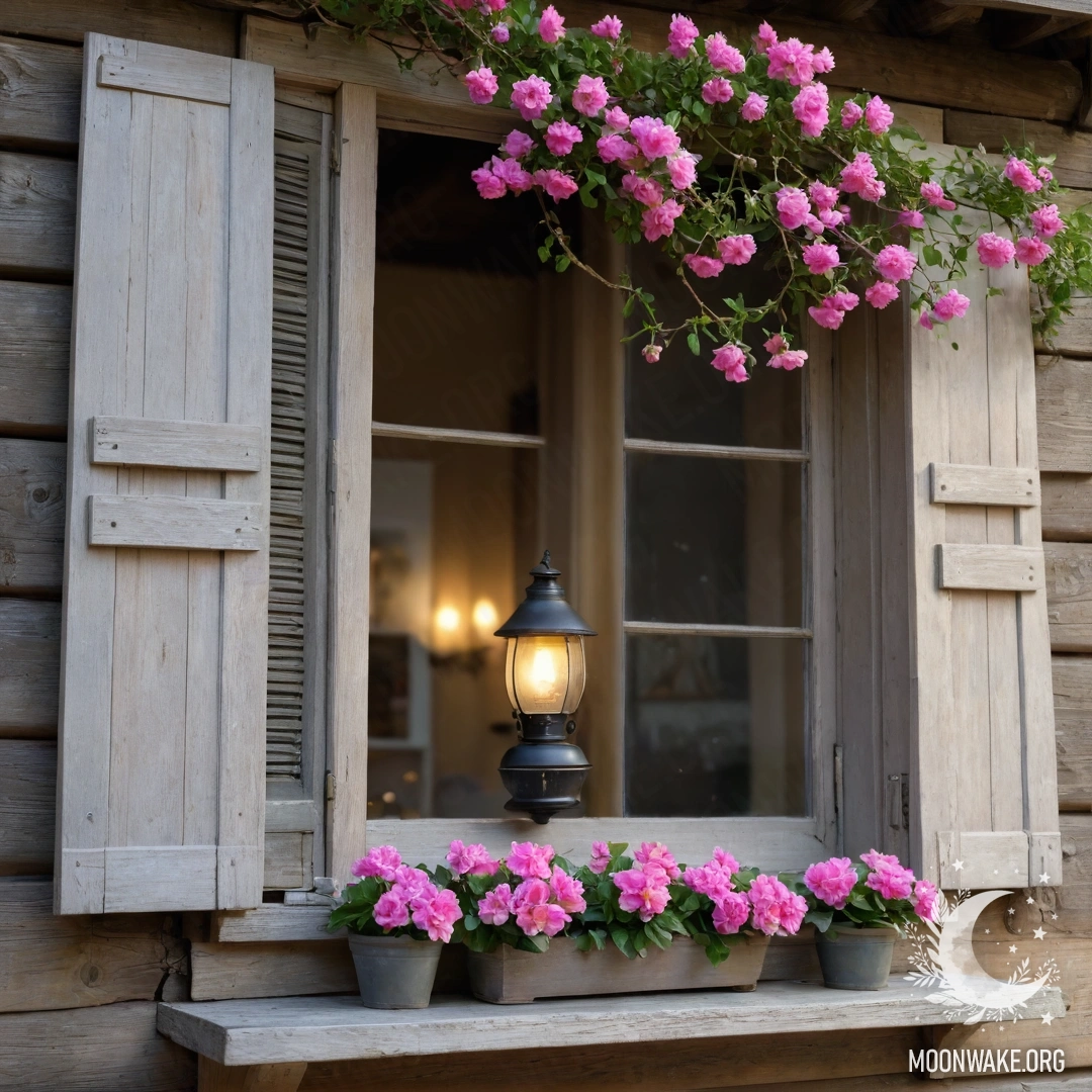 Старое деревянное окно с ставнями и керосиновой лампой над ним, окруженное розовыми цветами и гирляндой с огнями.