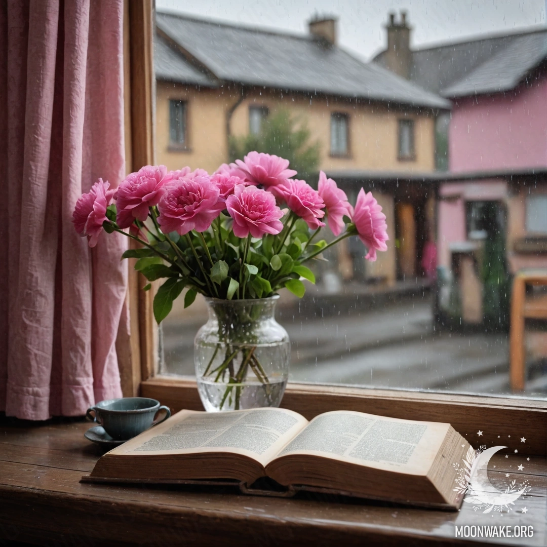 Деревянный подоконник с заброшенной старой книгой, серой вазой с розовыми цветами и розовой занавеской, которую обнимает дождь.