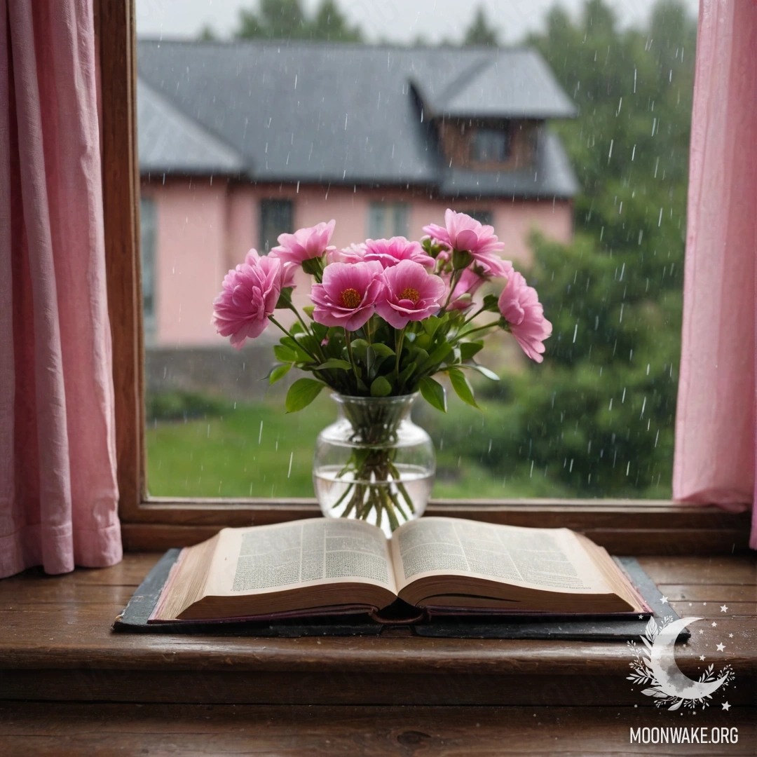 Старый деревянный подоконник с потрепанной книгой, серой вазой с розовыми цветами и розовой занавеской, падающей под дождем.