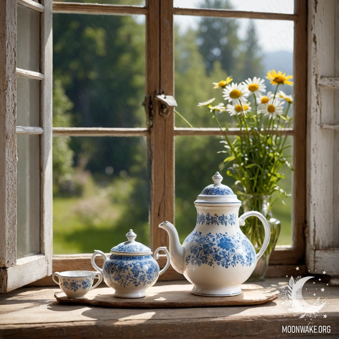 Милый деревянный подоконник с металлическим чайником и ромашками.