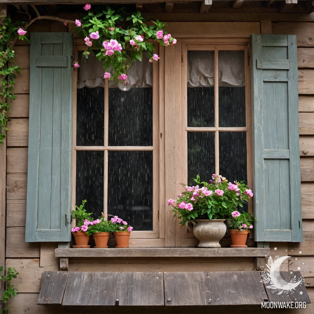 Старое деревянное окно, обвитое розовыми цветами под дождем, с керосиновой лампой над ним.