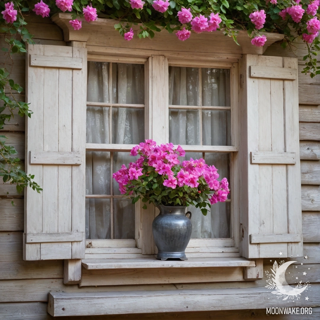 Очаровательное деревянное окно, украшенное розовыми цветами и керосиновой лампой над окном.