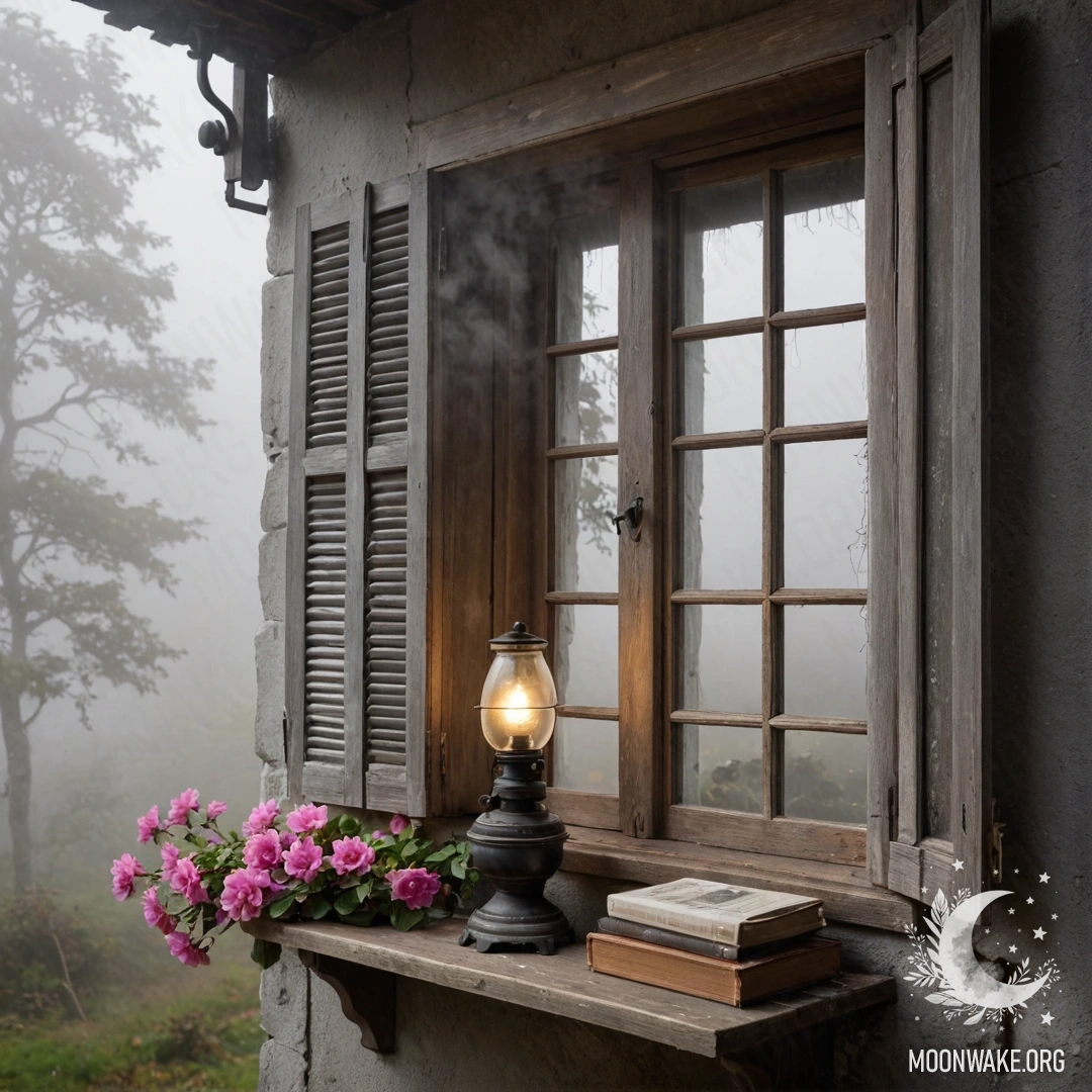 Старое деревянное окно с ставнями, керосиновая лампа и розовые цветы в тумане.