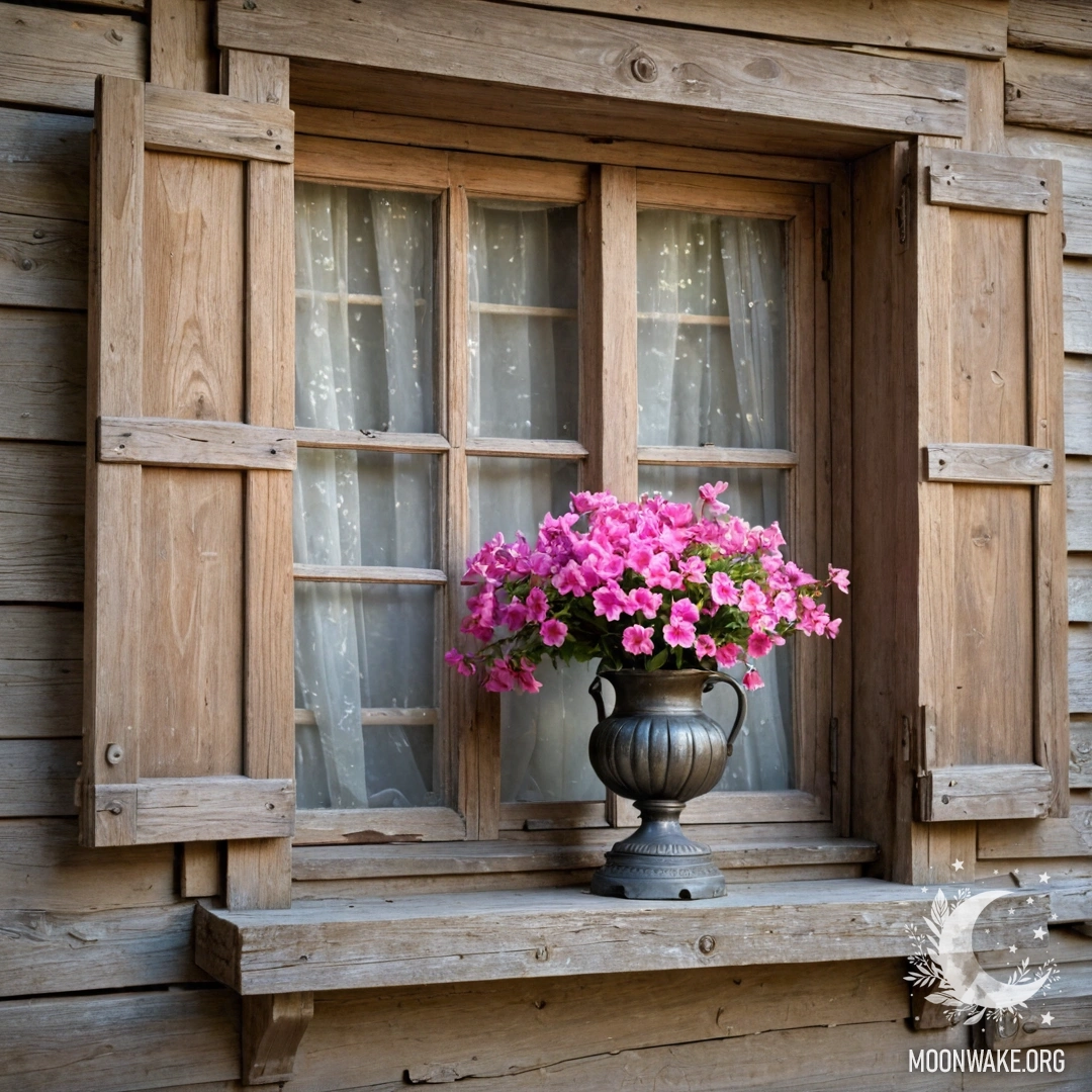 Старое деревянное окно, украшенное розовыми цветами и керосиновой лампой.