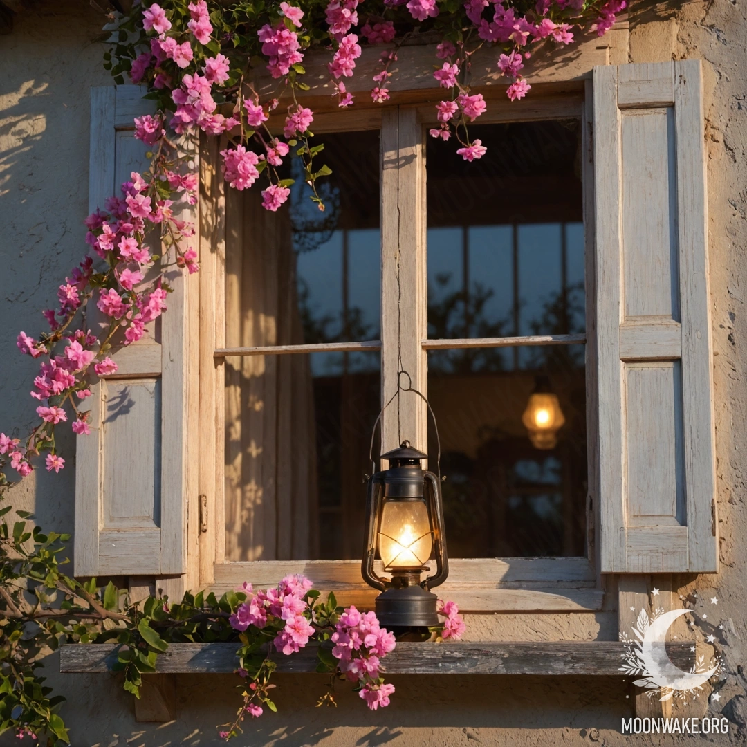 Старое деревянное окно с розовыми цветами и висящей над ним керосиновой лампой, освещенное закатом.