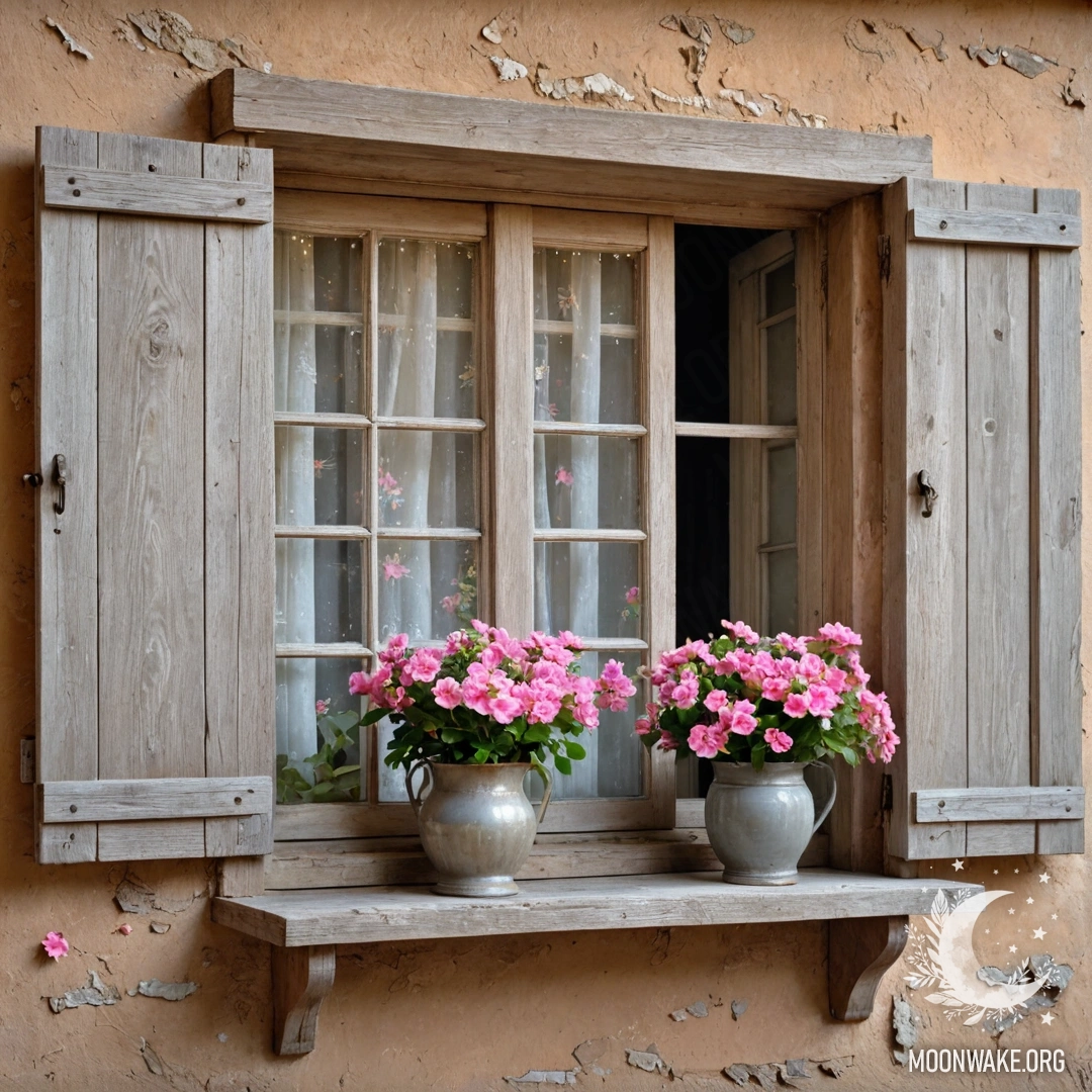 Старинное деревянное окно с ставнями, украшенное розовыми цветами и висящей над ним керосиновой лампой.