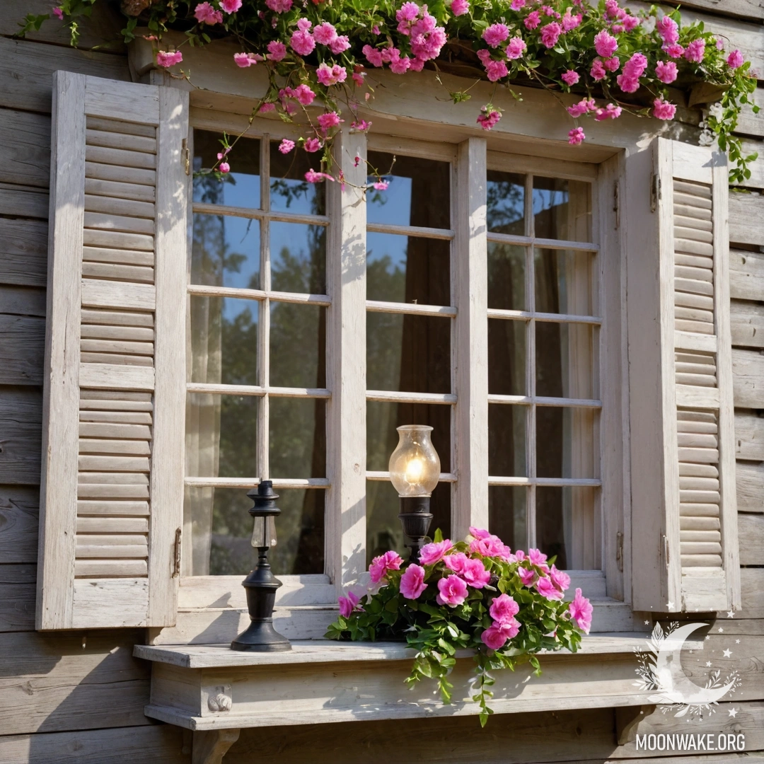 Рустикальное деревянное окно с ставнями, украшенное розовыми цветами и керосиновой лампой сверху, освещенное гирляндой огней.