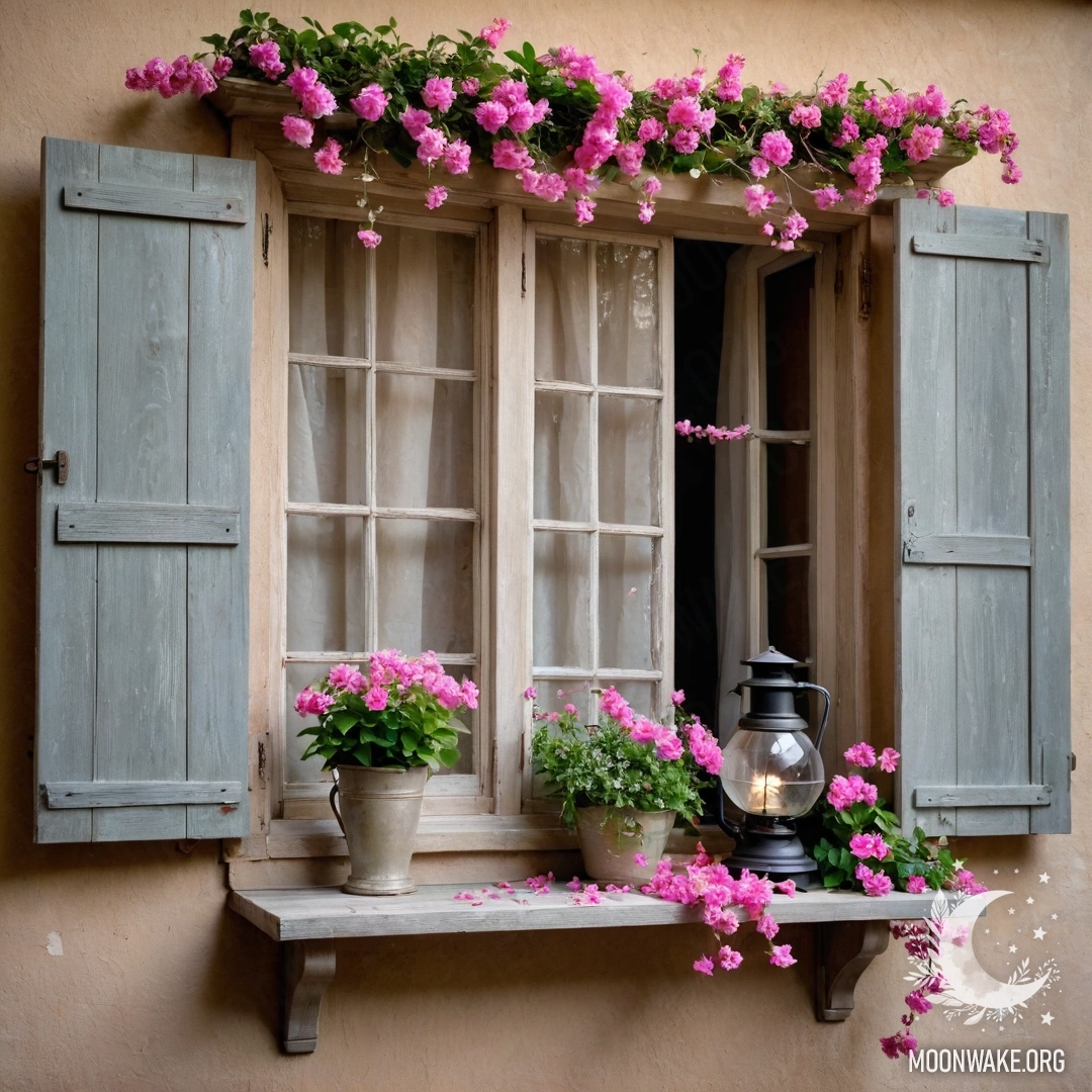 Деревянное окно с застекленными ставнями, украшенное розовыми цветами и лампой.