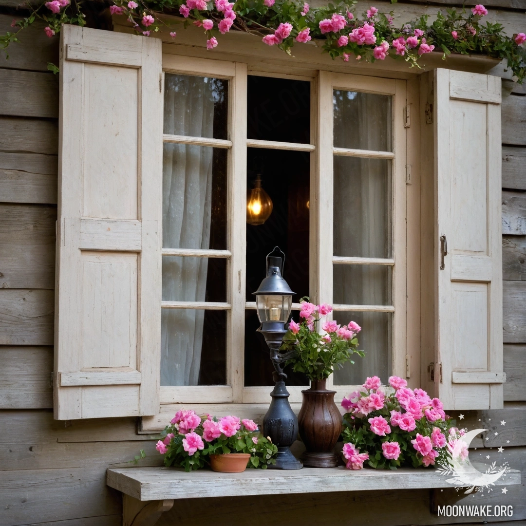 Старинное деревянное окно с ставнями и керосиновой лампой сверху, окруженное розовыми цветами и гирляндой огней.