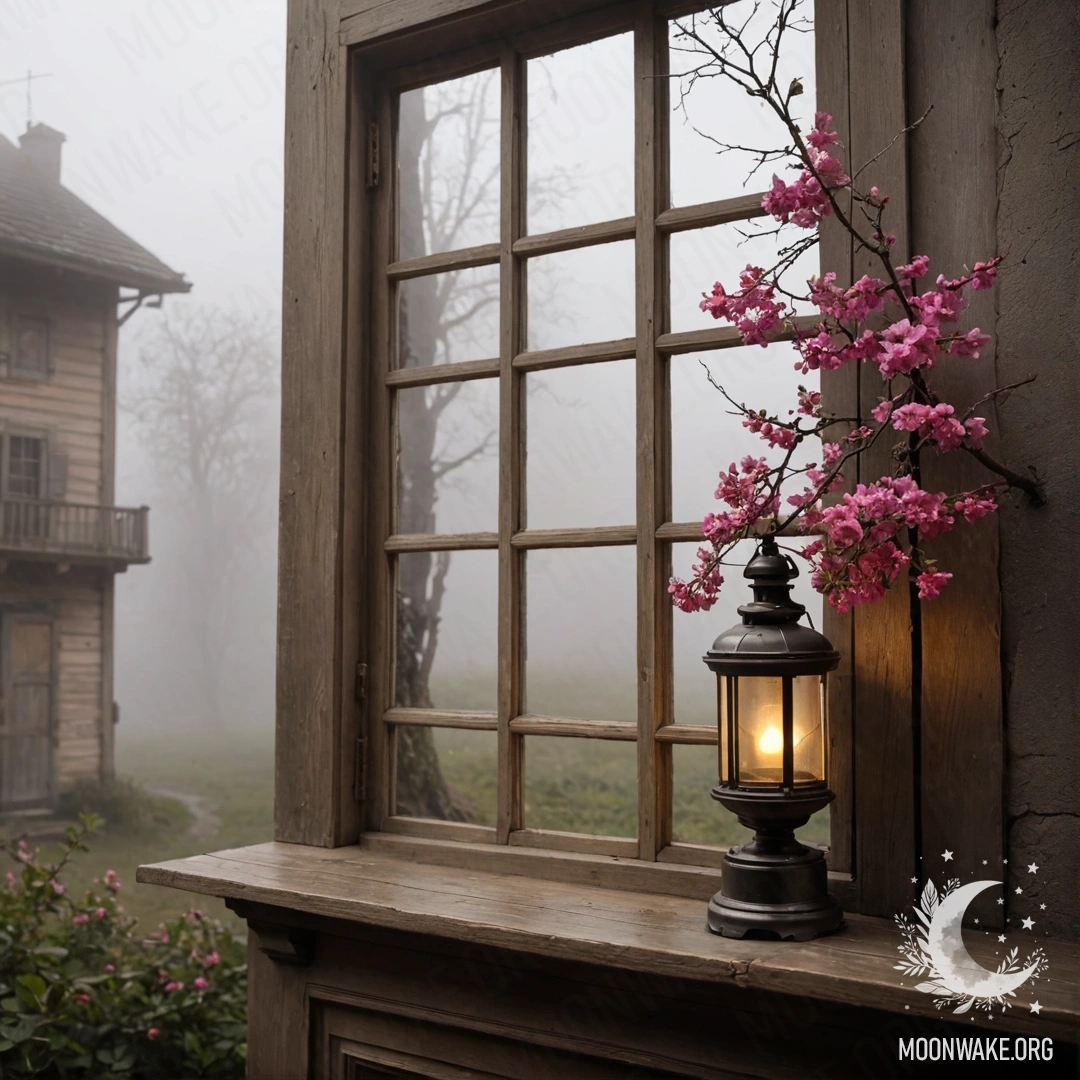 Старое деревянное окно с ставнями, украшенное розовыми цветами и висящей над ним керосиновой лампой, окутанное густым туманом.