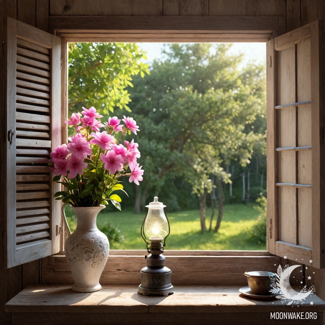 Старое деревянное окно с розовыми цветами, обвивающими его, и керосиновая лампа, висящая над окном, мягко освещенные солнечными лучами.