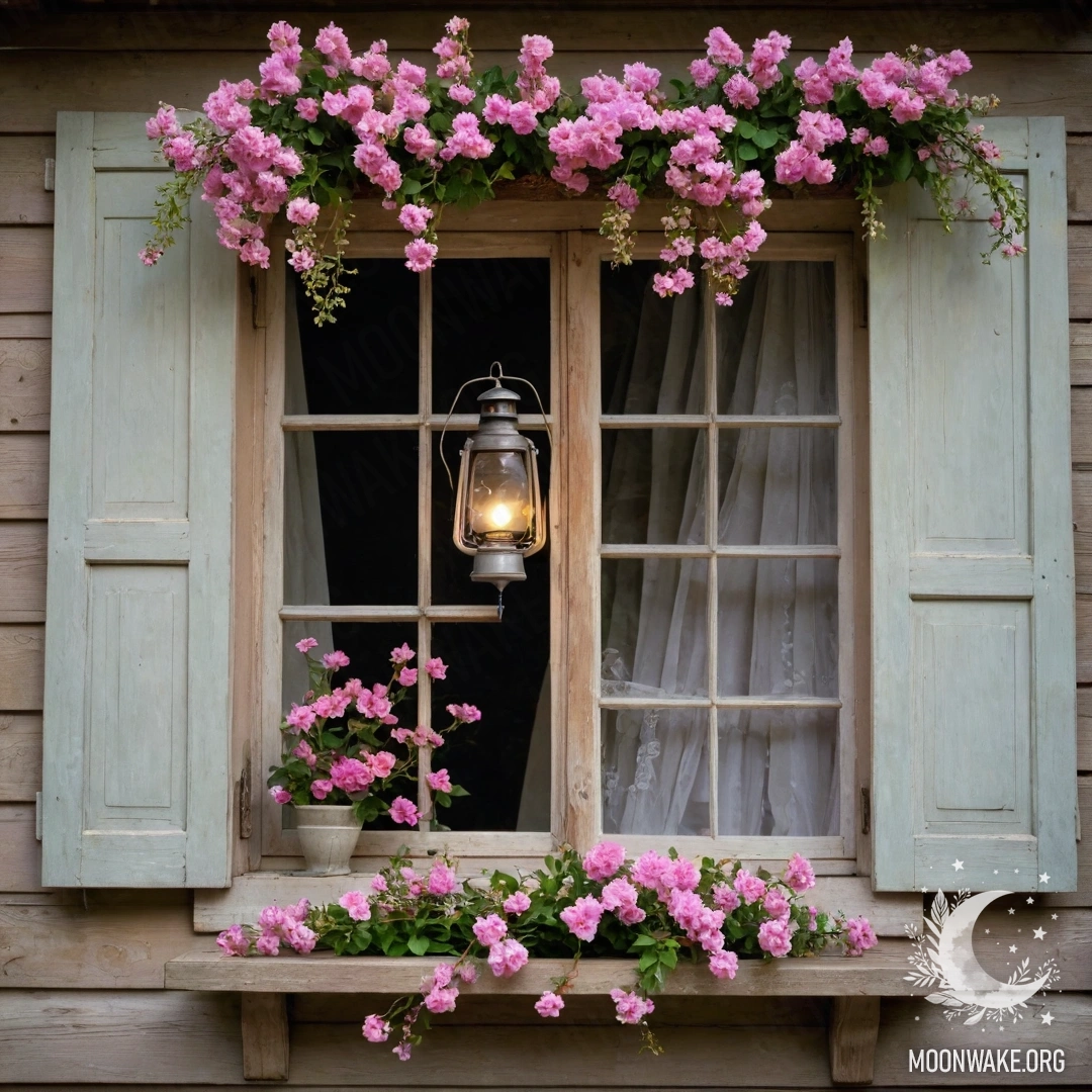 Старое деревянное окно с ставнями и розовыми цветами.
