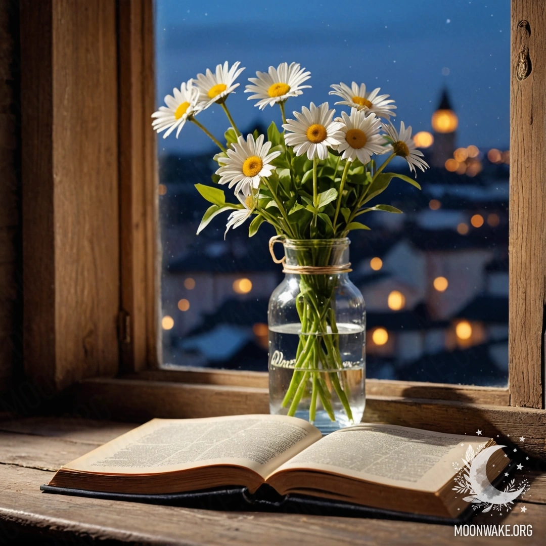 Старый деревянный подоконник с банкой ромашек и открытой книгой под ночным небом.